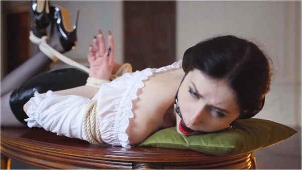 Miss Ellie Mouse - Brunette Tied up With Ropes on a Table Gagged